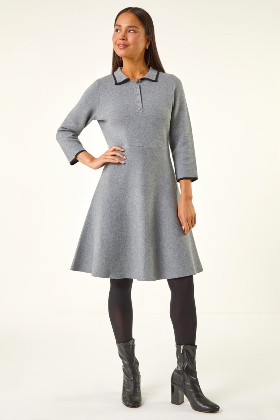 Roman Grey Petite Collared Knit Dress