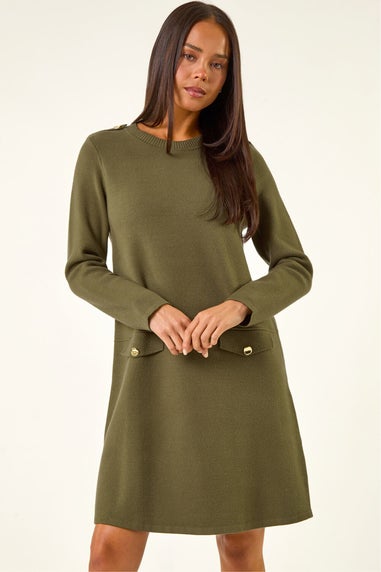 Roman Khaki Petite Buttoned Knit Dress