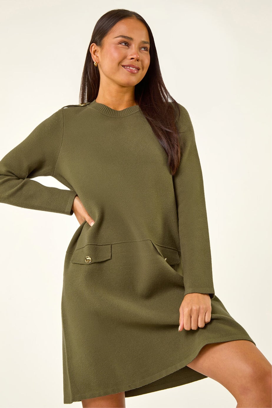 Roman Khaki Petite Buttoned Knit Dress