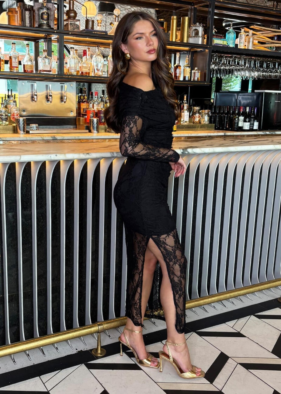 AX Paris Black Lace Overlay Off The Shoulder Long Sleeve Midi Dress