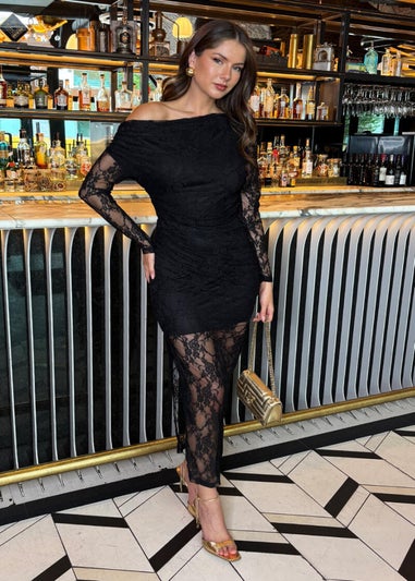 AX Paris Black Lace Overlay Off The Shoulder Long Sleeve Midi Dress