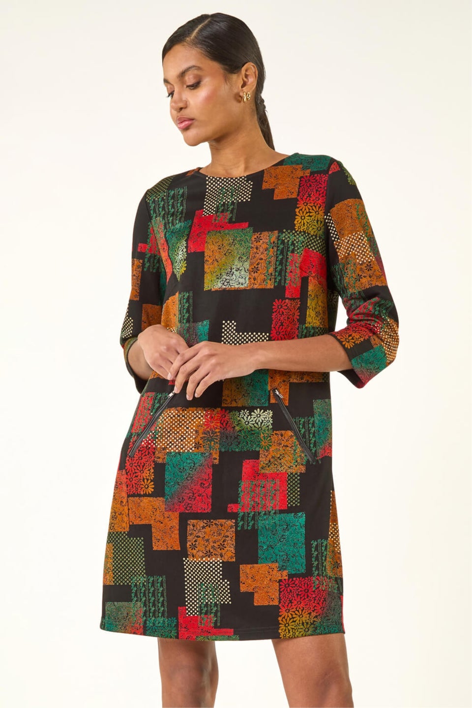 Roman Copper Geo Print Shift Stretch Dress