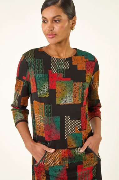 Roman Copper Geo Print Shift Stretch Dress