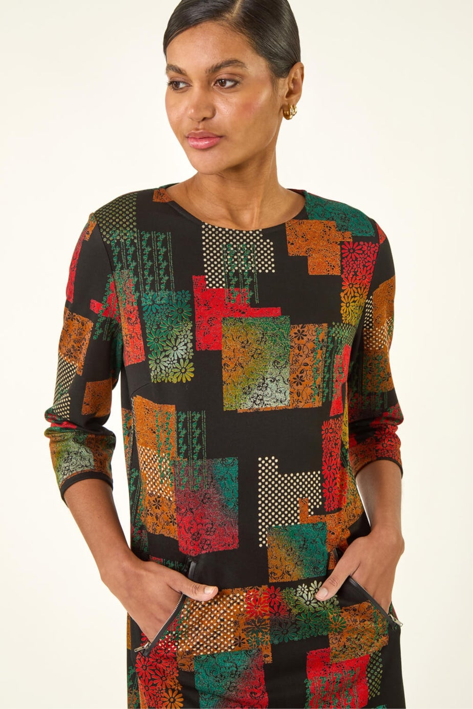 Roman Copper Geo Print Shift Stretch Dress