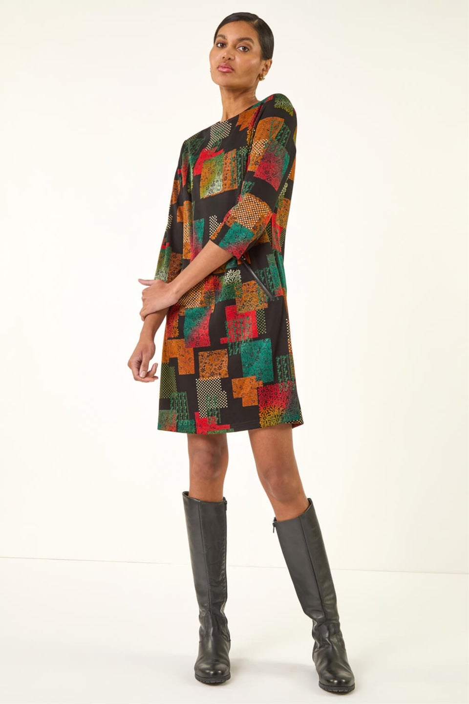 Roman Copper Geo Print Shift Stretch Dress