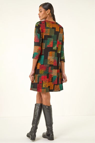 Roman Copper Geo Print Shift Stretch Dress