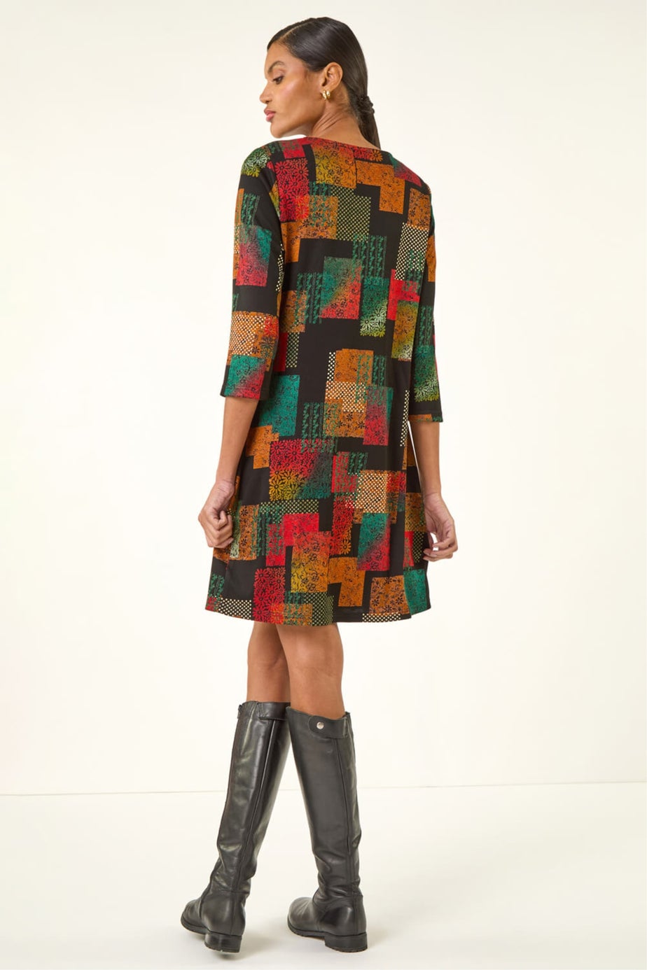 Roman Copper Geo Print Shift Stretch Dress