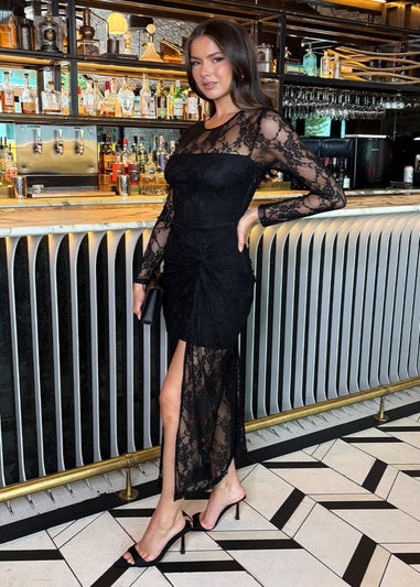 AX Paris Black Lace Overlay Long Sleeve Knot Skirt Midi Dress