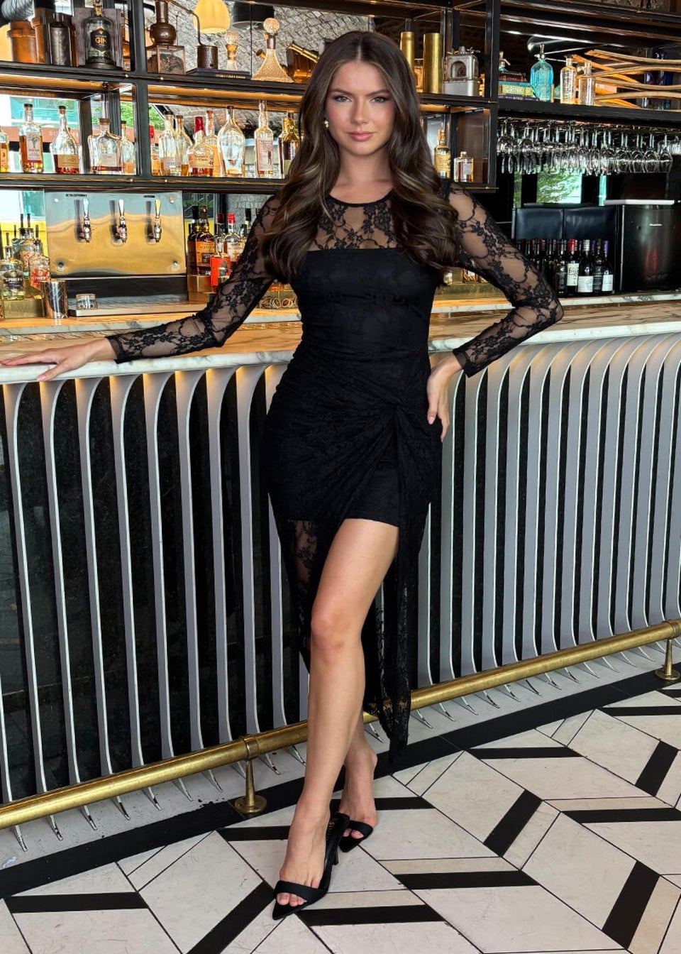 AX Paris Black Lace Overlay Long Sleeve Knot Skirt Midi Dress