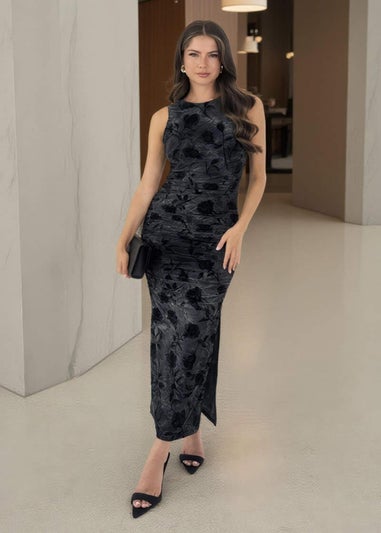 AX Paris Black And Grey Velour Rose Detail Bodycon Midi Dress