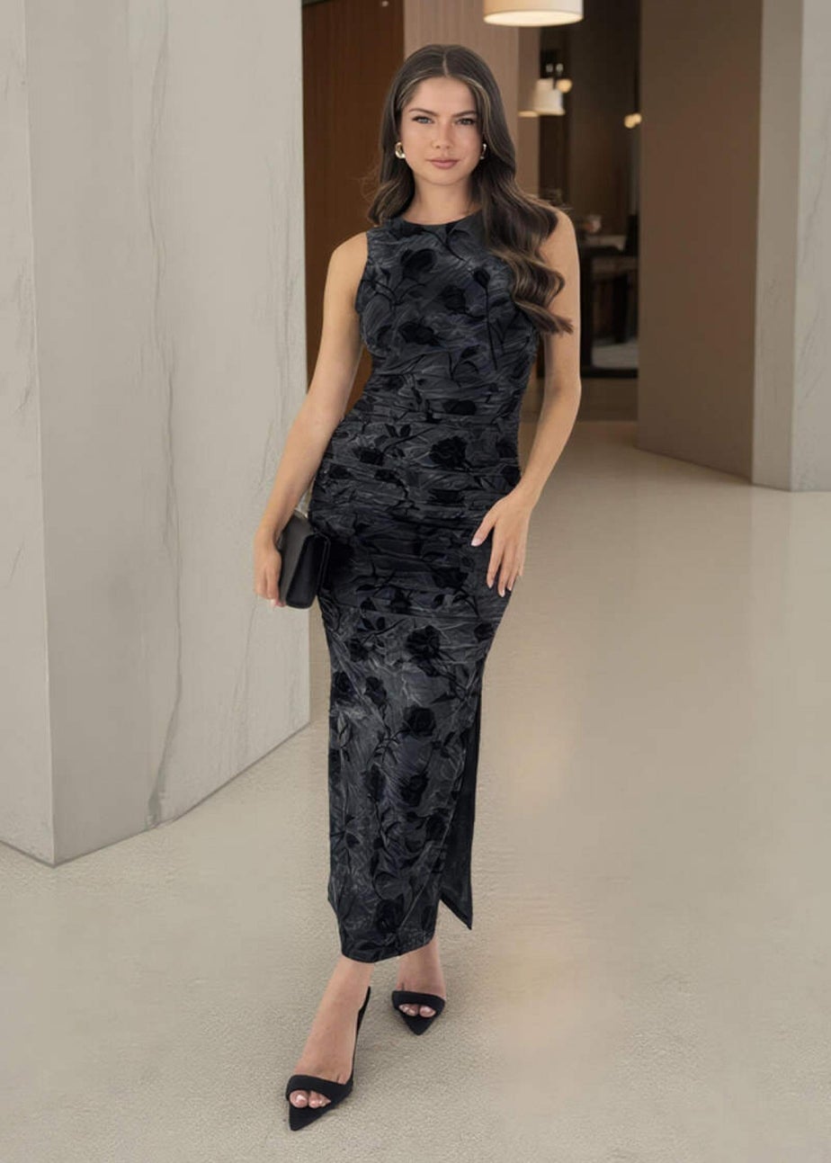 AX Paris Black And Grey Velour Rose Detail Bodycon Midi Dress