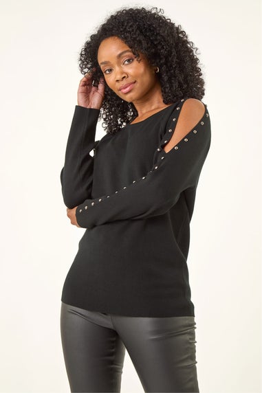 Roman Black Petite Stud Sleeve Knit Jumper