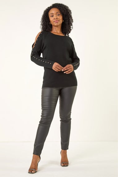 Roman Black Petite Stud Sleeve Knit Jumper