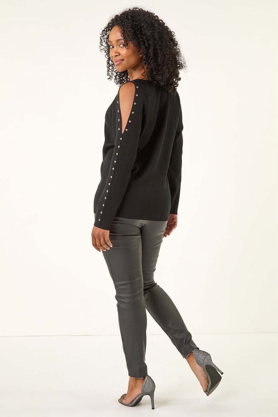 Roman Black Petite Stud Sleeve Knit Jumper