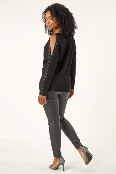 Roman Black Petite Stud Sleeve Knit Jumper
