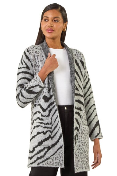 Roman Grey Multi Animal Print Soft Knit Cardigan