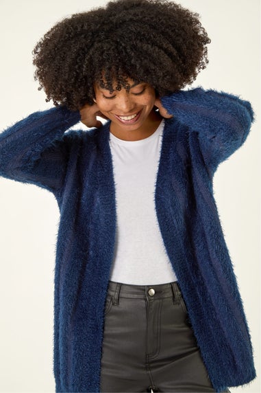 Roman Navy Fluffy Textured Knit Longline Cardigan