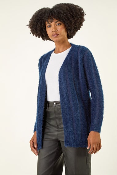 Roman Navy Fluffy Textured Knit Longline Cardigan