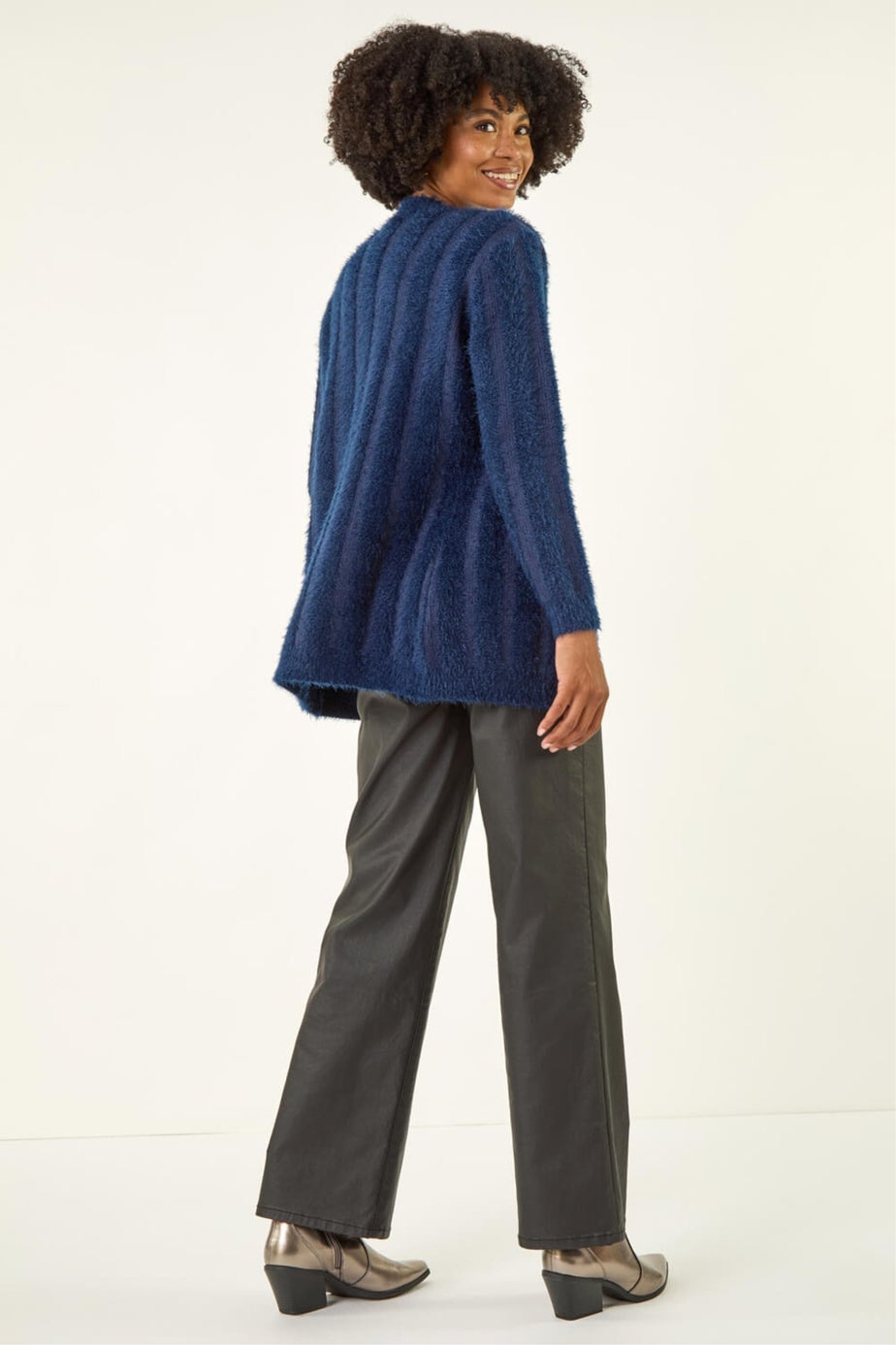 Roman Navy Fluffy Textured Knit Longline Cardigan