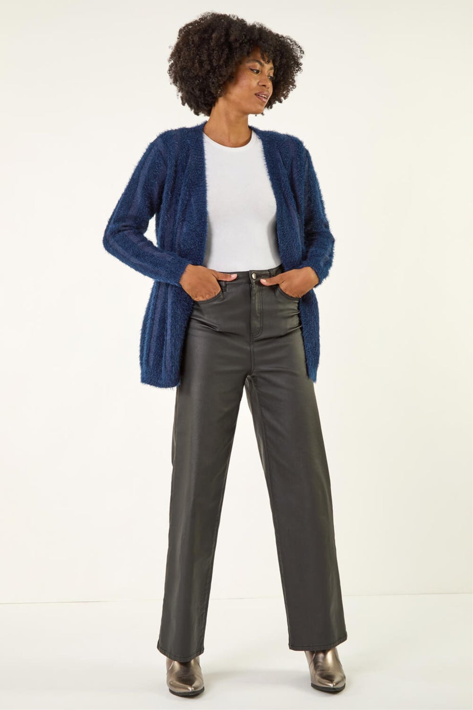 Roman Navy Fluffy Textured Knit Longline Cardigan