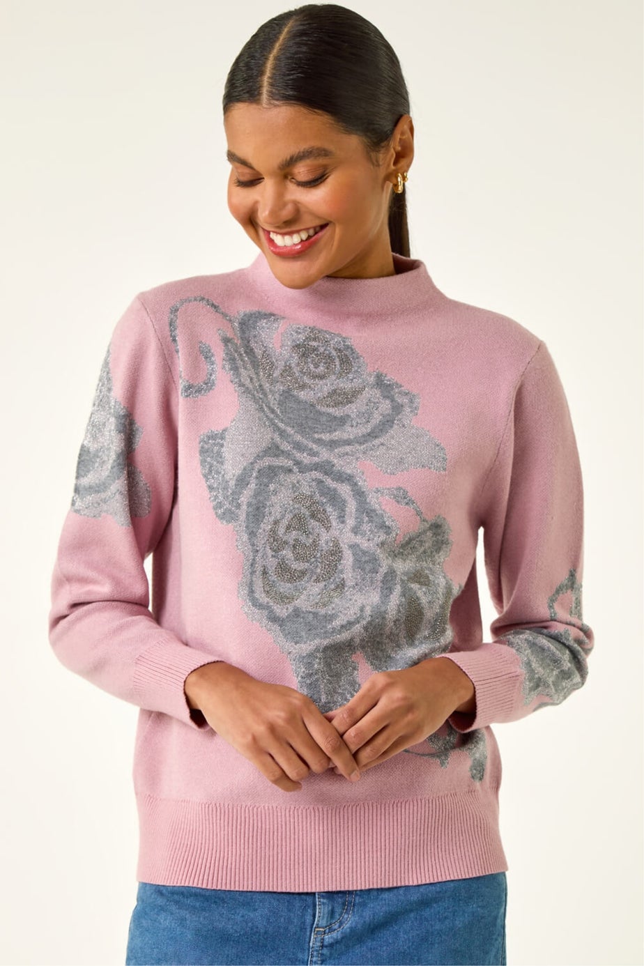 Roman Light Pink Floral Rose Shimmer Knit Jumper