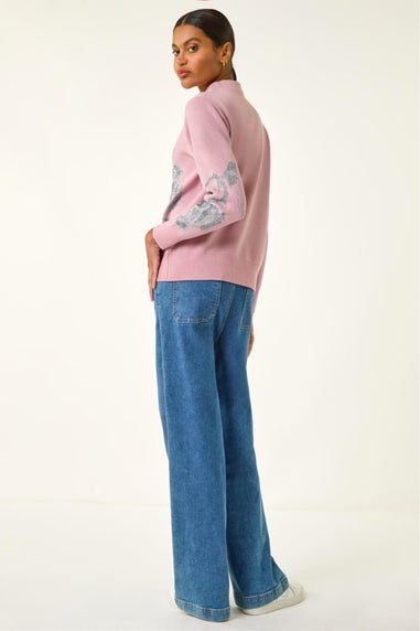 Roman Light Pink Floral Rose Shimmer Knit Jumper