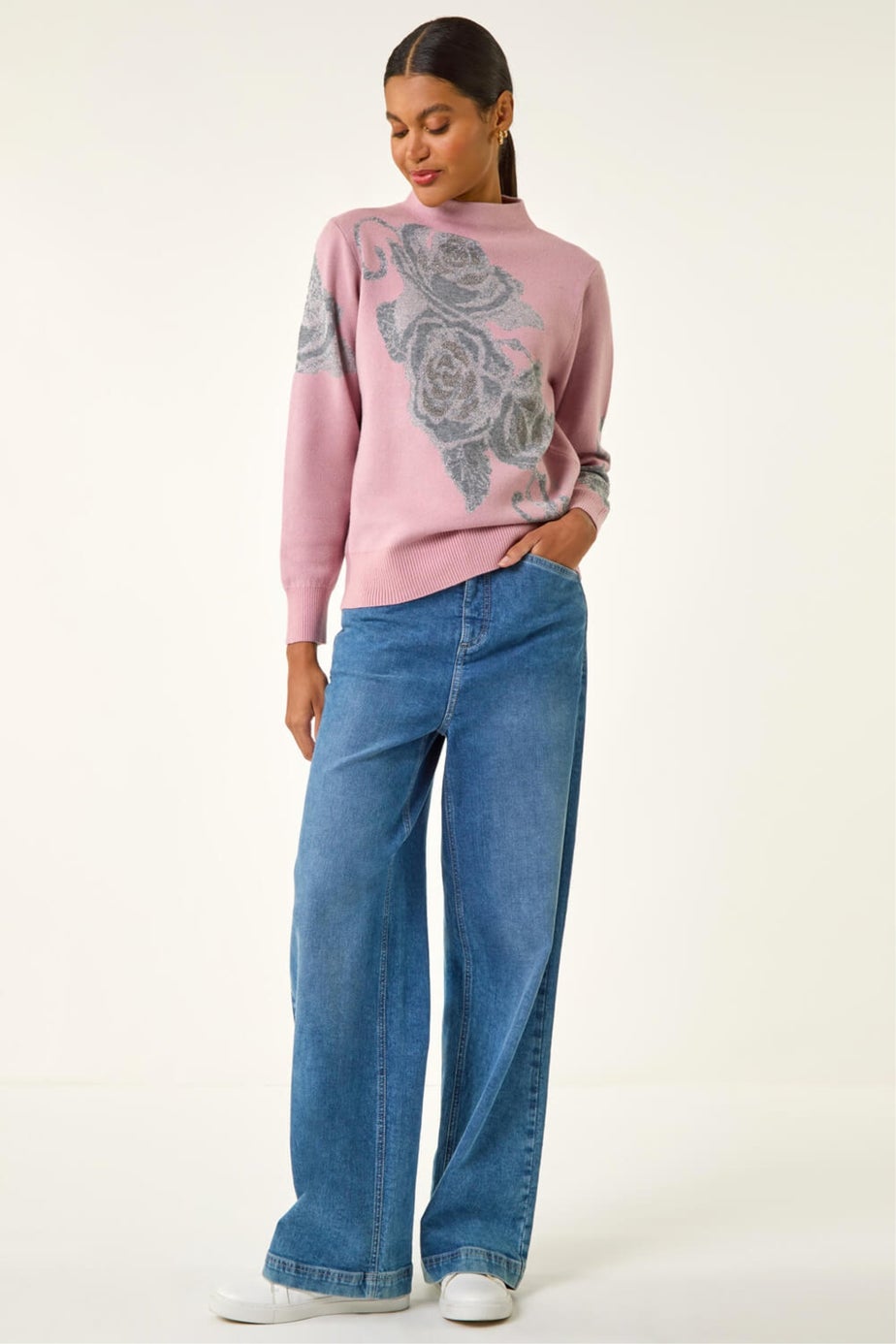 Roman Light Pink Floral Rose Shimmer Knit Jumper