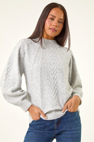 Roman Grey Petite Cable Knit Embellished Jumper