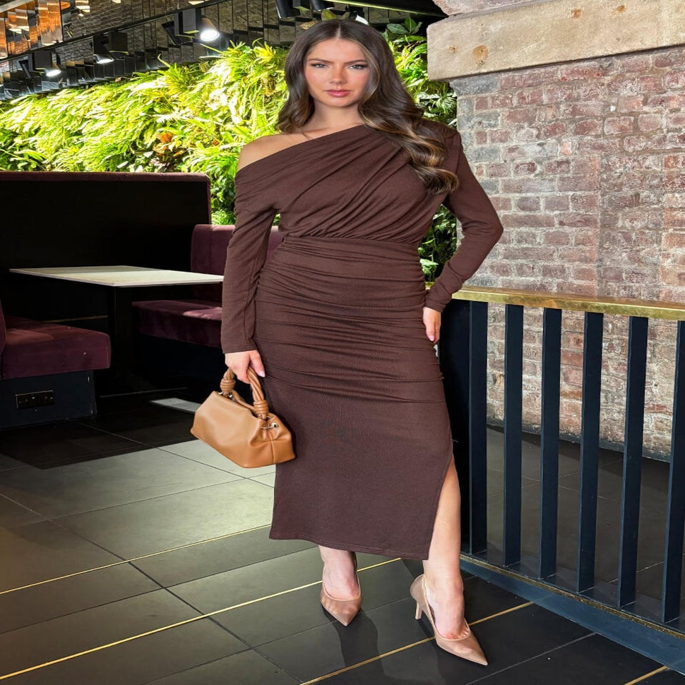 AX Paris Chocolate Knit Off The Shoulder Long Sleeve Midi Dress