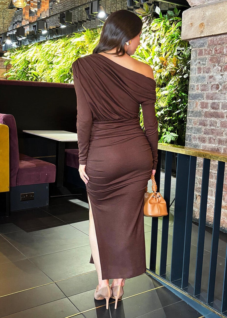 AX Paris Chocolate Knit Off The Shoulder Long Sleeve Midi Dress
