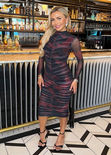 AX Paris Burgundy And Black Smudge Print Long Sleeve Ruched Bodycon Mesh Midi Dress