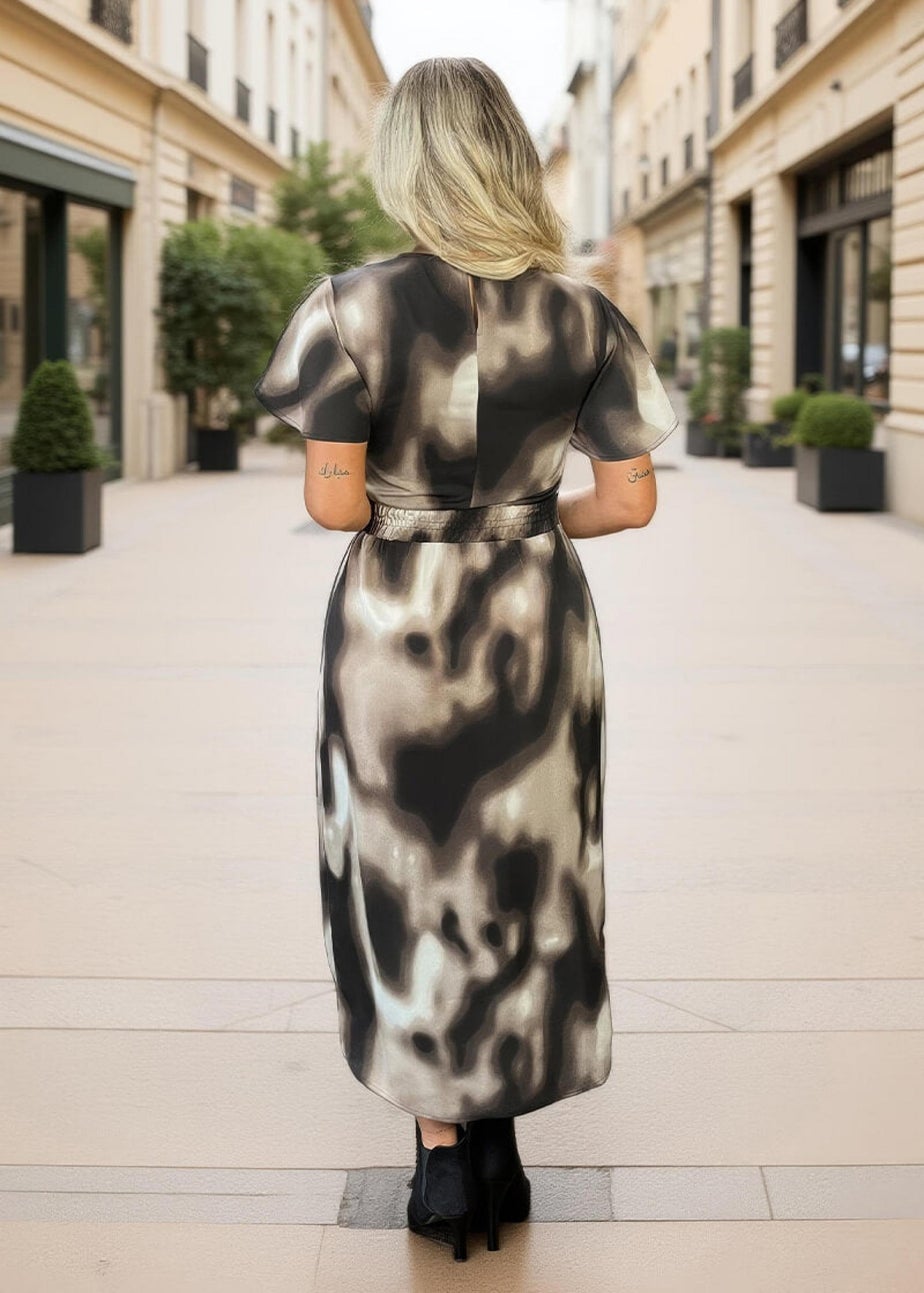 AX Paris Brown Watercolour Print Flutter Sleeve Midi Dress