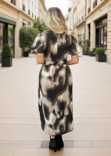 AX Paris Brown Watercolour Print Flutter Sleeve Midi Dress