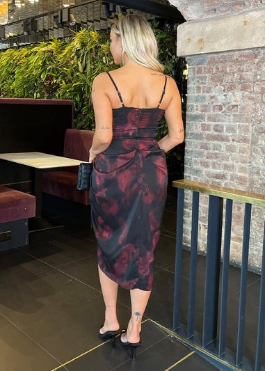 AX Paris Burgundy And Black Smudge Print Strappy Gathered Skirt Midi Dress