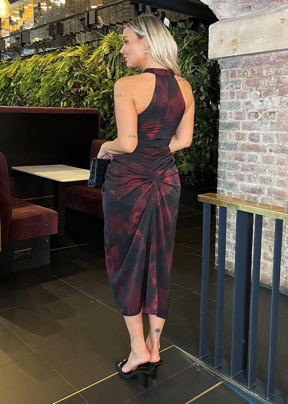AX Paris Burgundy And Black Smudge Print Halter Neck Knot Skirt Midi Dress