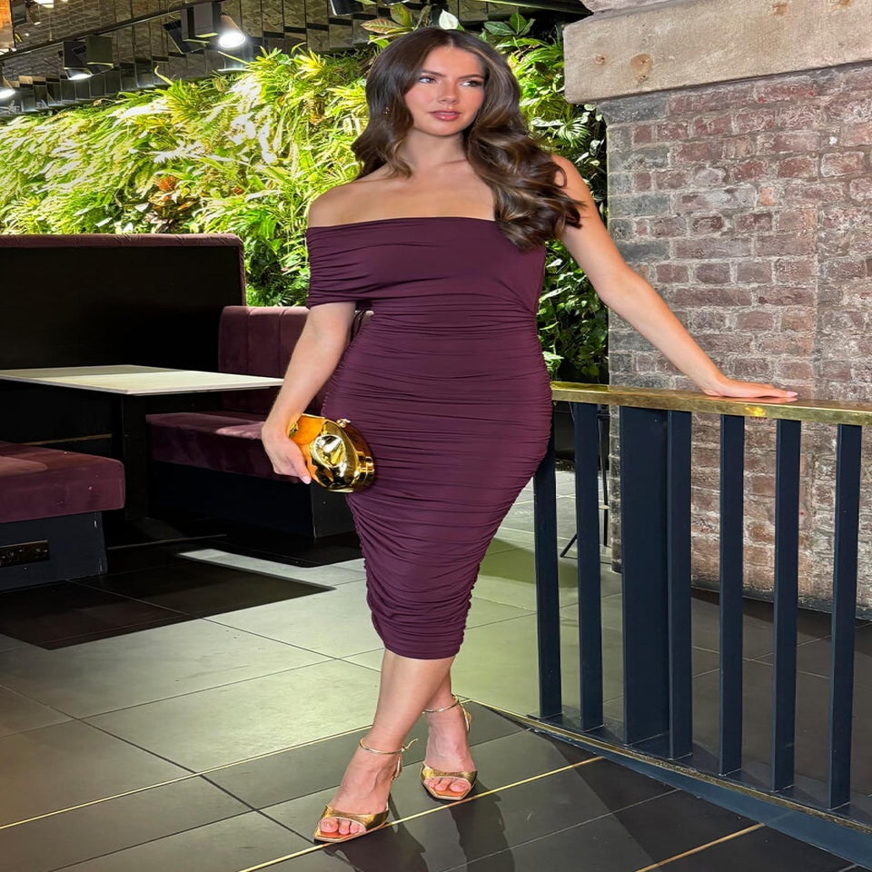 AX Paris Dark Plum One Shoulder Bardot Ruched Midi Dress