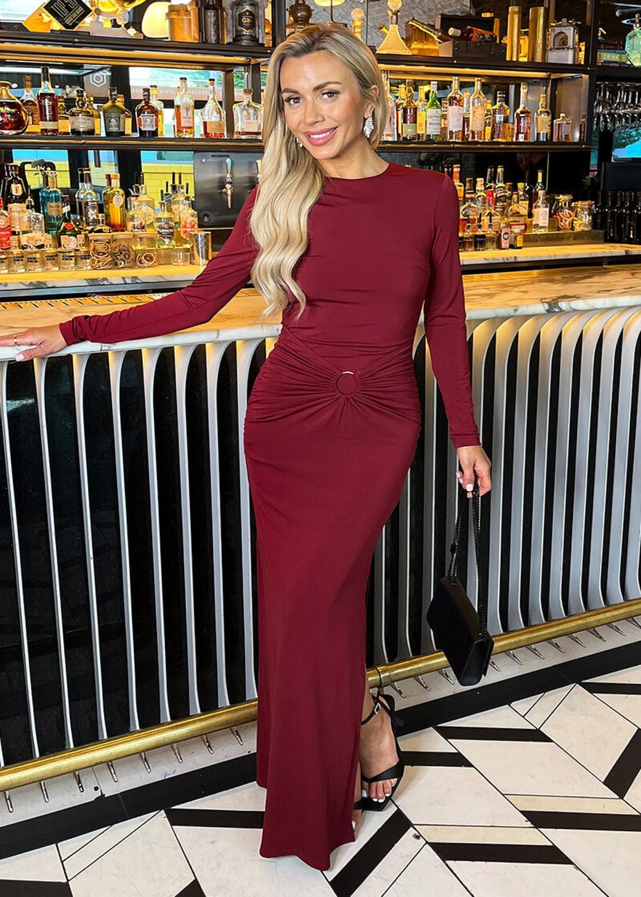 AX Paris Burgundy Long Sleeve O-Ring Detail Bodycon Midi Dress