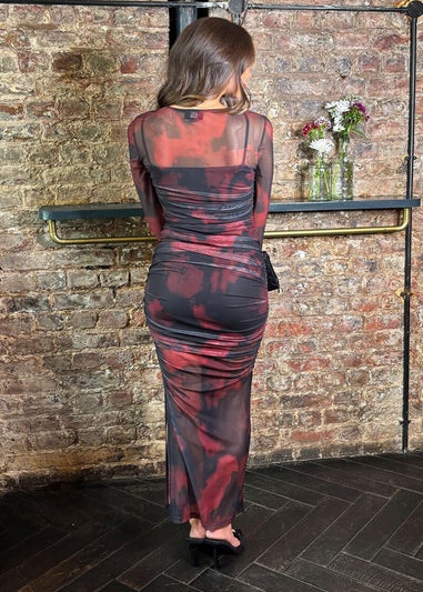 AX Paris Burgundy And Black Smudge Print Mesh Overlay Long Sleeve Midi Dress