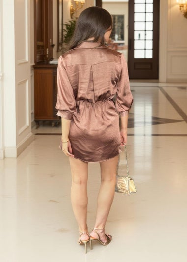 AX Paris Chocolate Satin Tie Waist Wrap Shirt Mini Dress