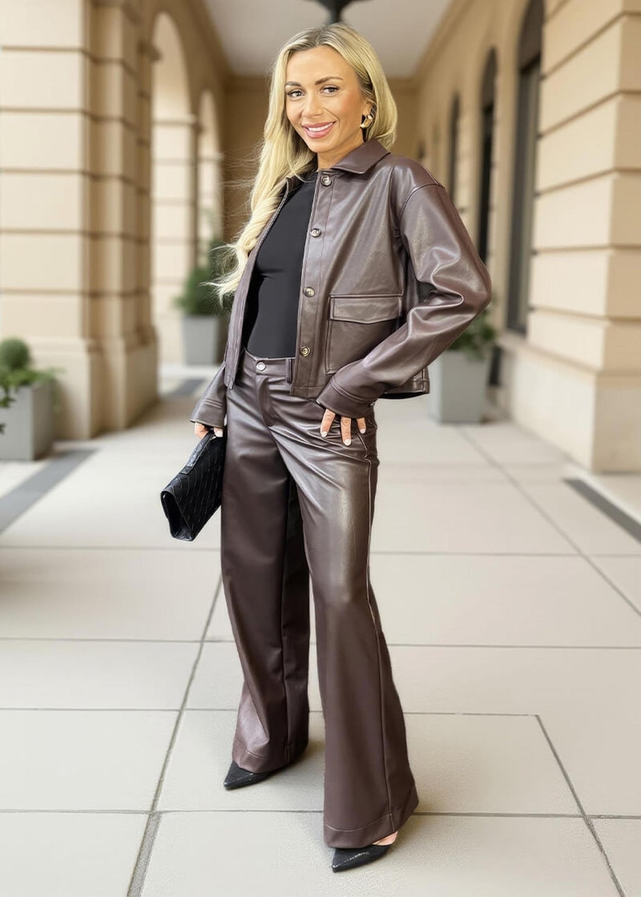 AX Paris Chocolate Faux Leather Wide Leg Trousers