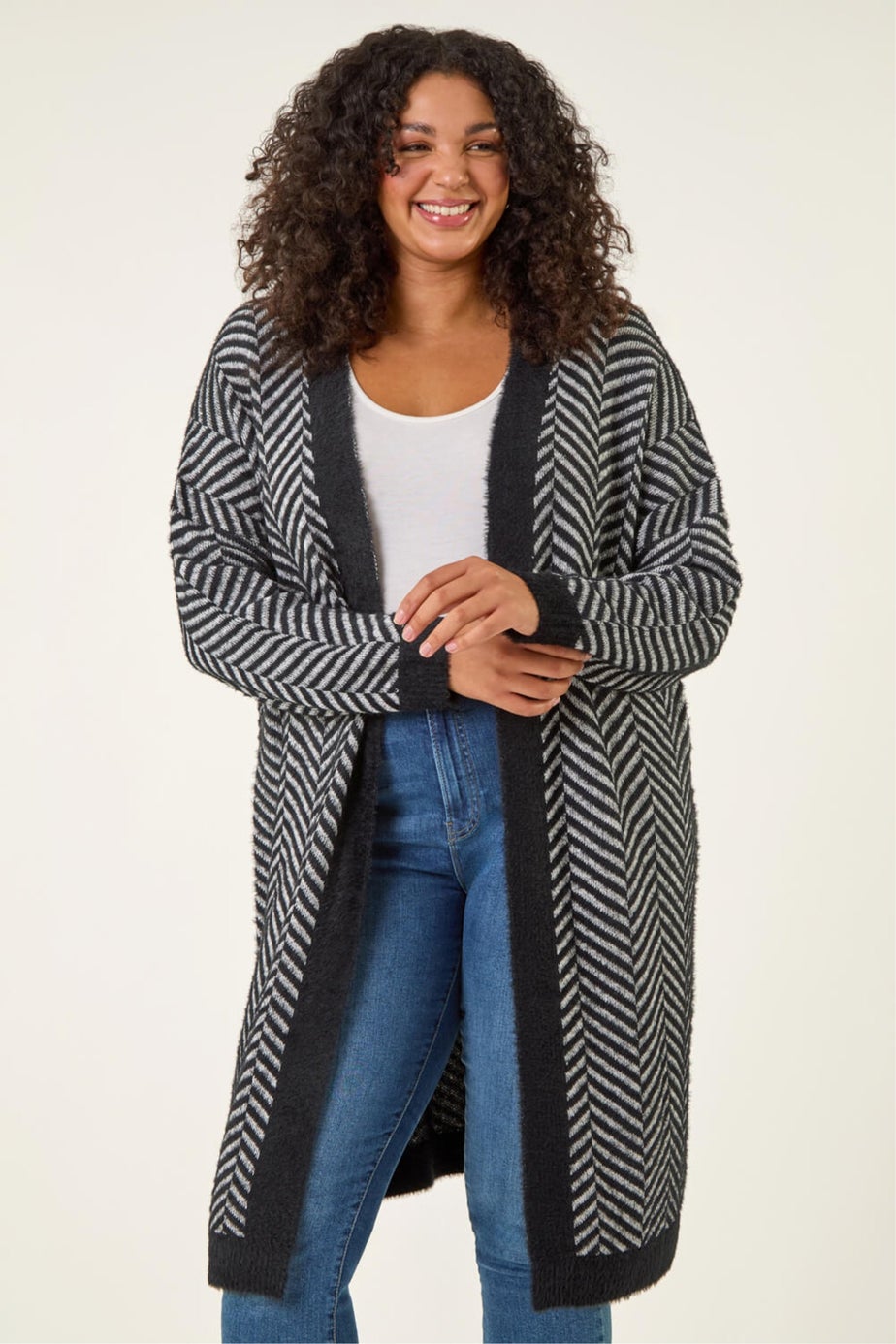 Roman Black Curve Chevron Fluffy Knit Cardigan