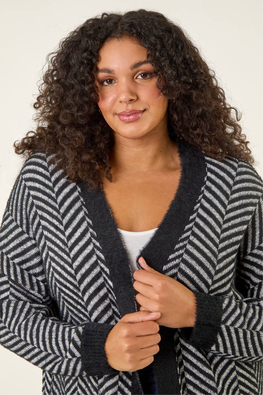 Roman Black Curve Chevron Fluffy Knit Cardigan