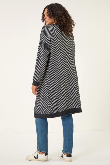 Roman Black Curve Chevron Fluffy Knit Cardigan