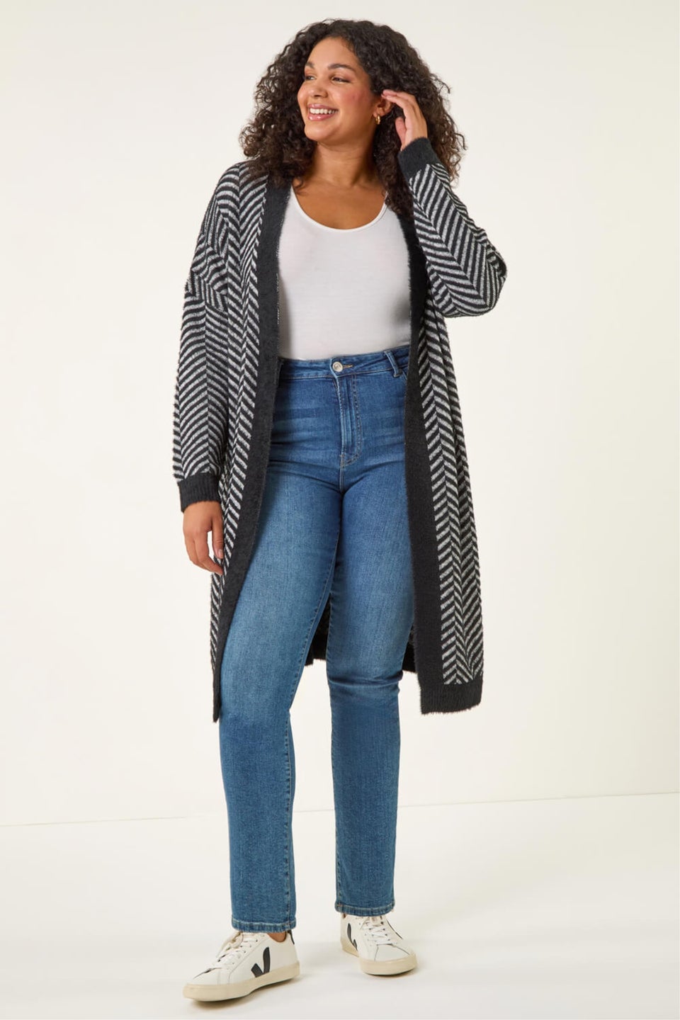 Roman Black Curve Chevron Fluffy Knit Cardigan