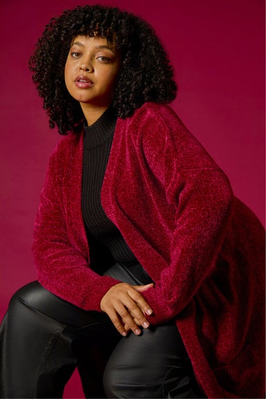 Roman Red Curve Textured Chennile Knit Cardigan