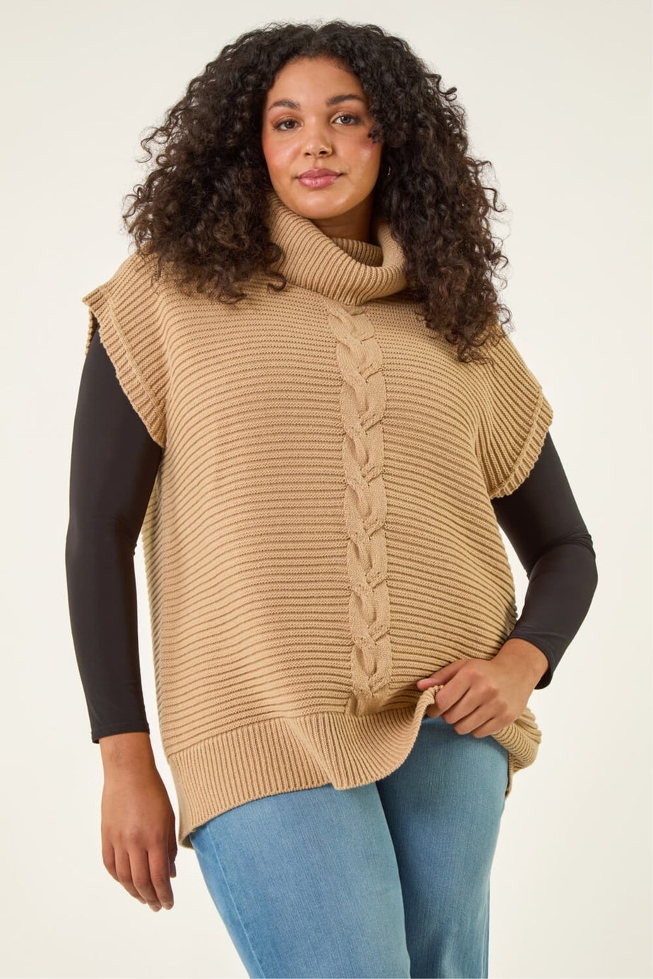 Roman Camel Curve High Neck Tabard Knit Top