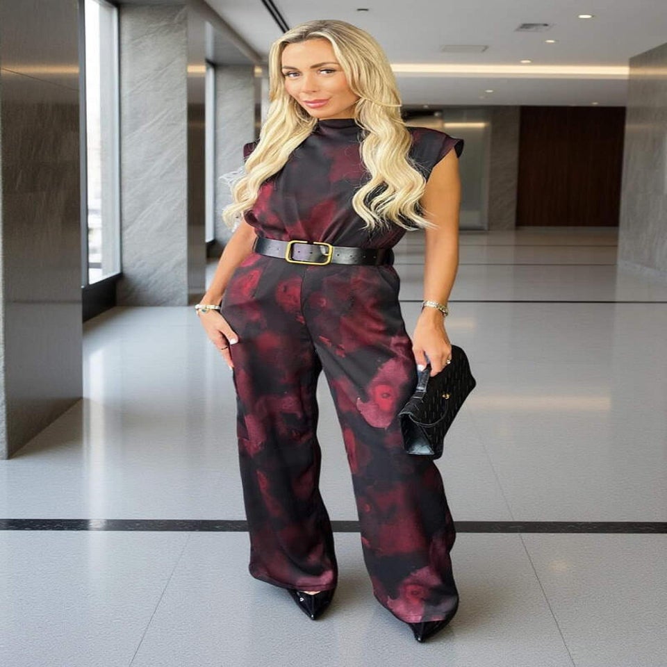 AX Paris Plum And Black Smudge Print Belted Wide Leg Jumpsuit