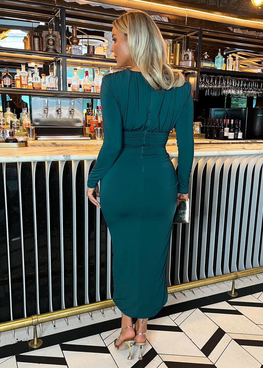 AX Paris Dark Teal V Neck Long Sleeve Wrap Skirt Midi Dress
