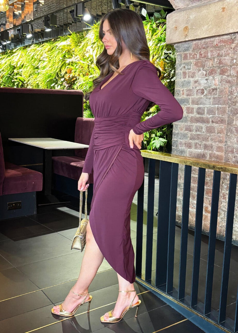 AX Paris Dark Plum V Neck Long Sleeve Wrap Skirt Midi Dress