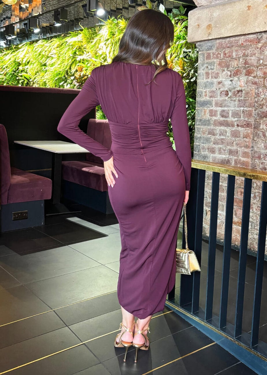 AX Paris Dark Plum V Neck Long Sleeve Wrap Skirt Midi Dress